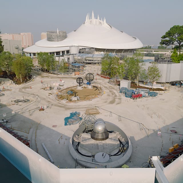 Drone footage as of July 2026 featuring the developments within Tomorrowland and its main attraction Space Mountain Earthrise